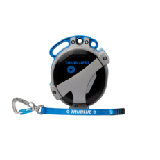 Front view of the TRUBLUE iQ auto belay with aluminum triple action swivel carabiner produced by Headrush Technologies.